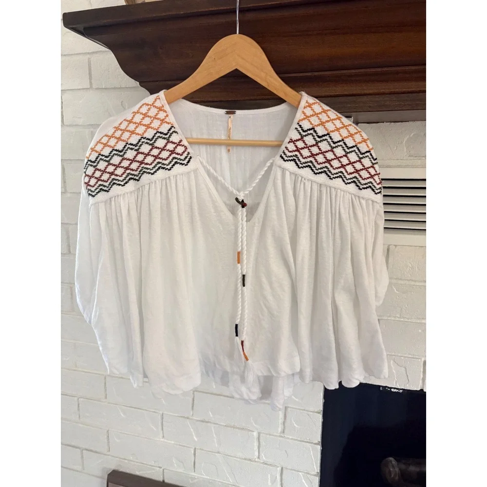 Free People Market Embroidered Top White XS
